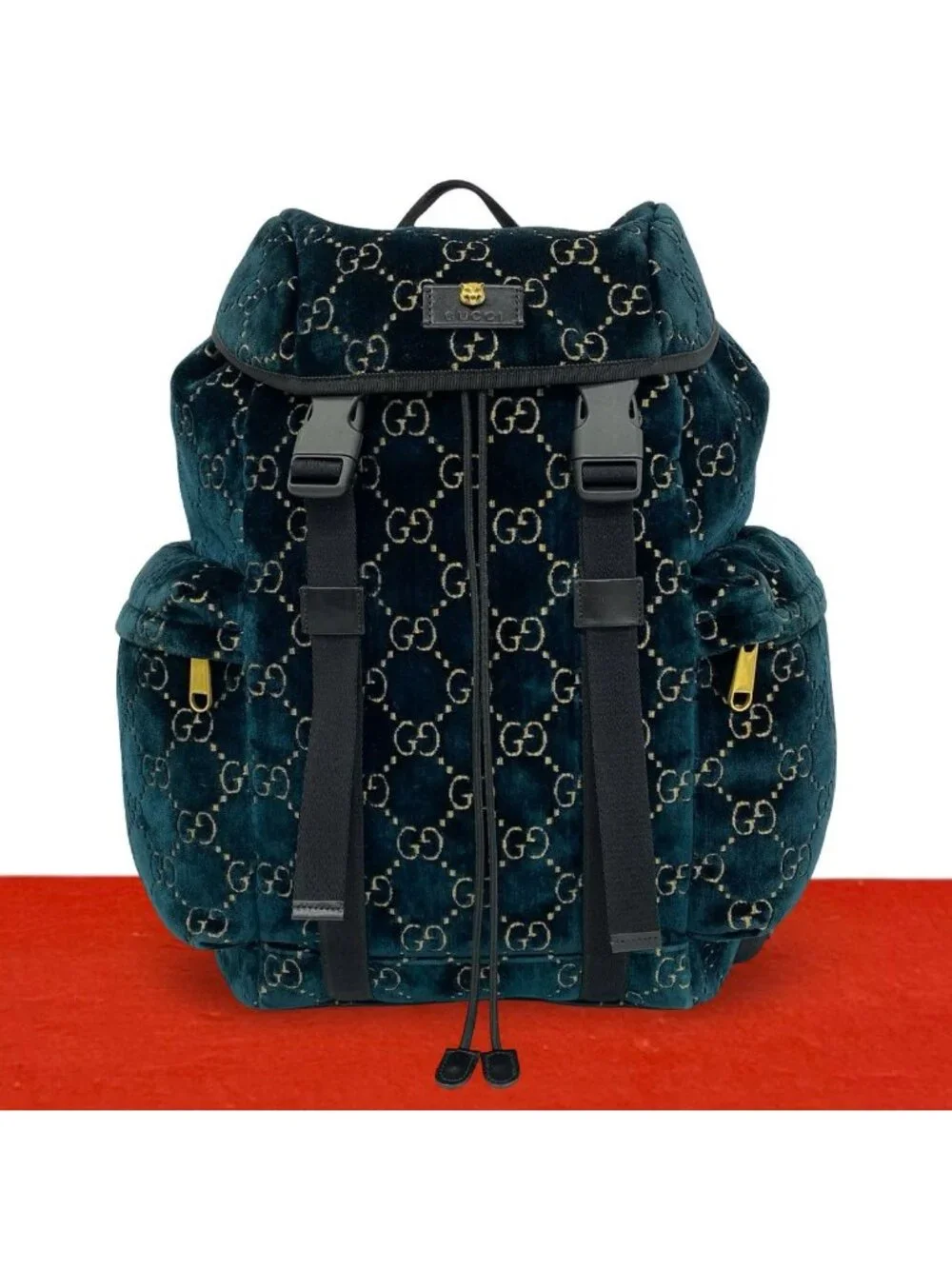 Gucci GG Velvet Velour Leather Backpack Green Black